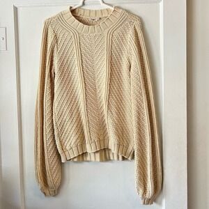 Faherty Fisherman chunky knit blouson sleeve Sweater in Cream size S